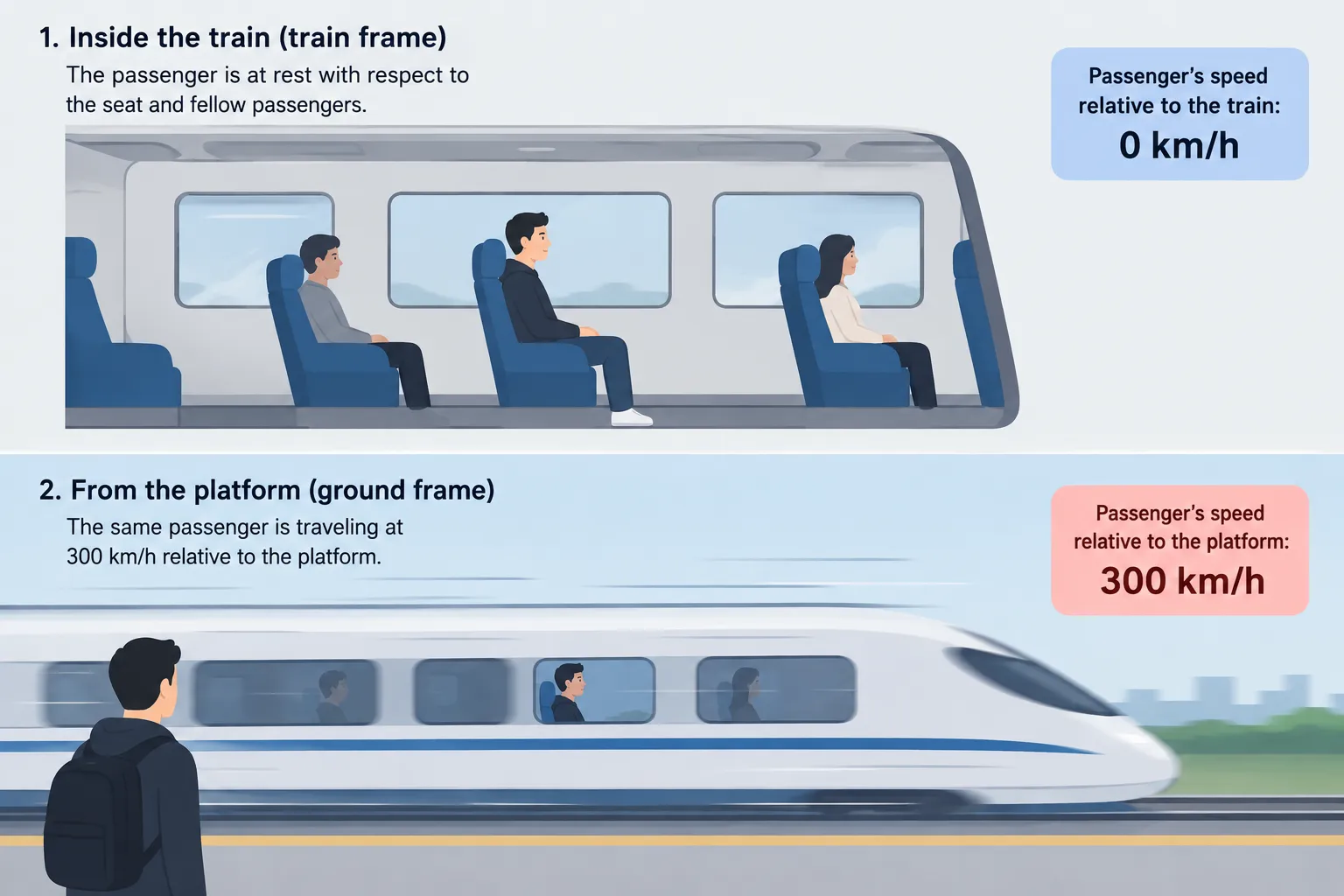 Relativity of rest and motion illustrated with a passenger inside a train versus observed from a platform